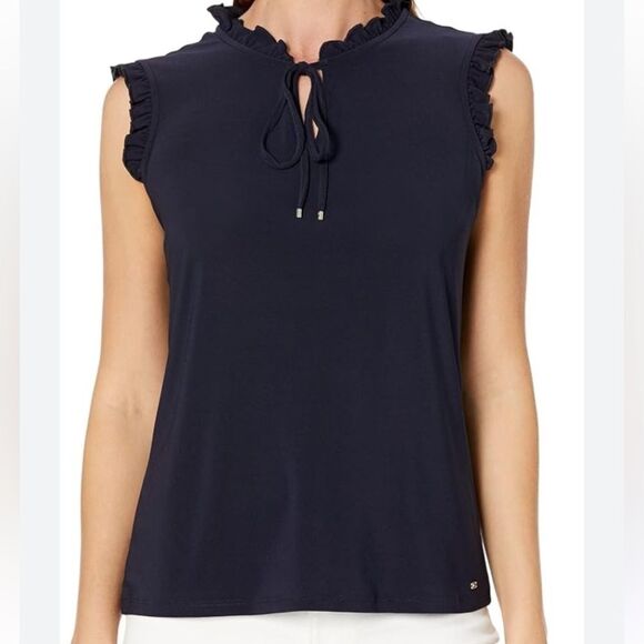 Tommy Hilfiger Navy Sleeveless Tie Neck Ruffle Front Top Size XL - Picture 1 of 9